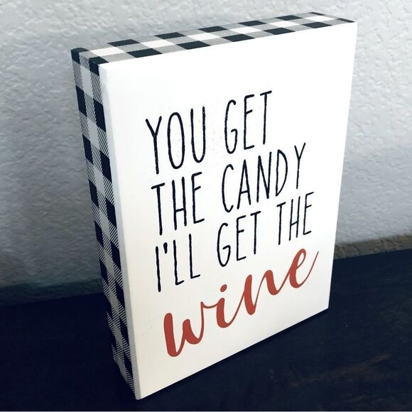 Halloween Wine Candy Farmhouse Buffalo Plaid Fall Decor Sign - Picture 1 of 3